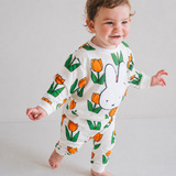 Child wearing the Miffy in the Meadow tulip print bamboo lounge set