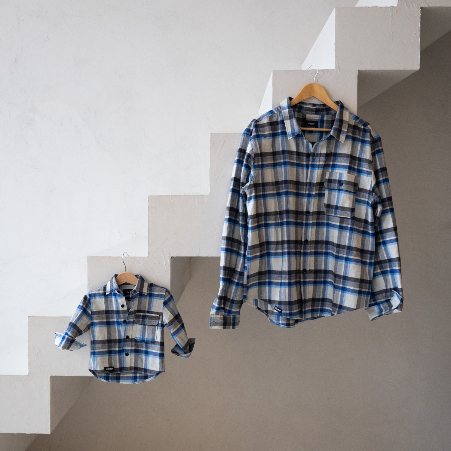 Dad & Mini Flannel Overshirt-sæt - blå tern