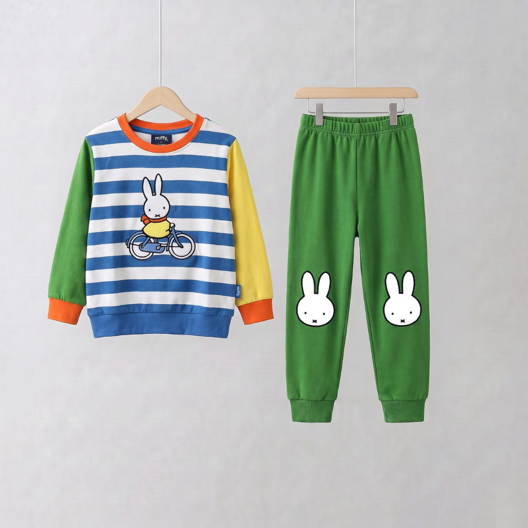 Miffy on the Move-loungeset i bambu med cykeltröja och gröna joggingbyxor, framifrån