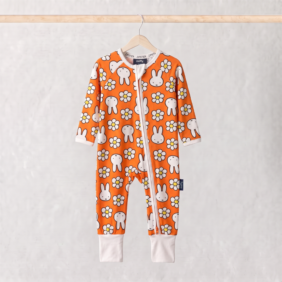 ZIPSTER x Miffy Daisy Days bamboo babygrow, front view